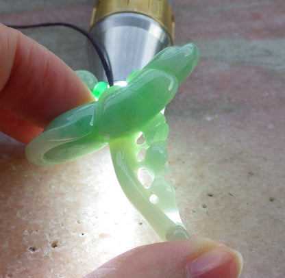 Certified Hand Carved Green Natural Myanmar Burma A Jade jadeite Bat Lotus Ruyi Pendant Necklace