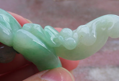 Certified Hand Carved Green Natural Myanmar Burma A Jade jadeite Bat Lotus Ruyi Pendant Necklace
