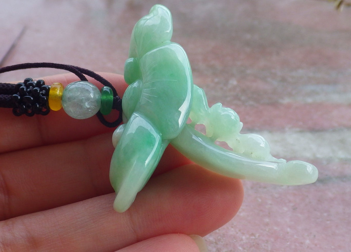 Certified Hand Carved Green Natural Myanmar Burma A Jade jadeite Bat Lotus Ruyi Pendant Necklace