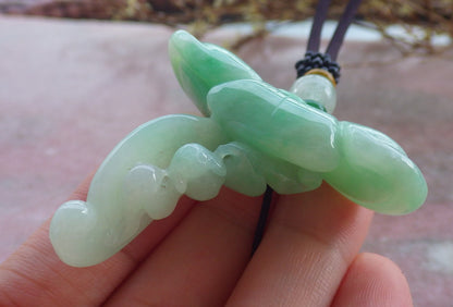Certified Hand Carved Green Natural Myanmar Burma A Jade jadeite Bat Lotus Ruyi Pendant Necklace