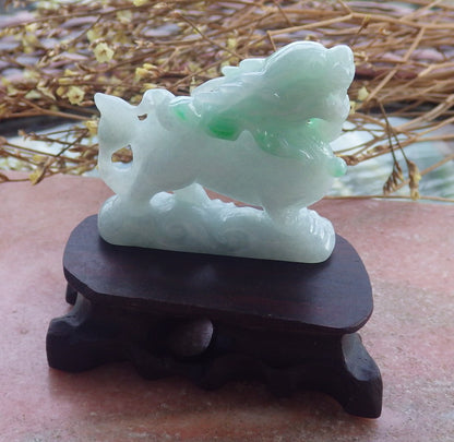 Certified Green Hand Carved Natural Myanmar Burma A Jade Jadeite Dragon Ruyi Display with wood stand