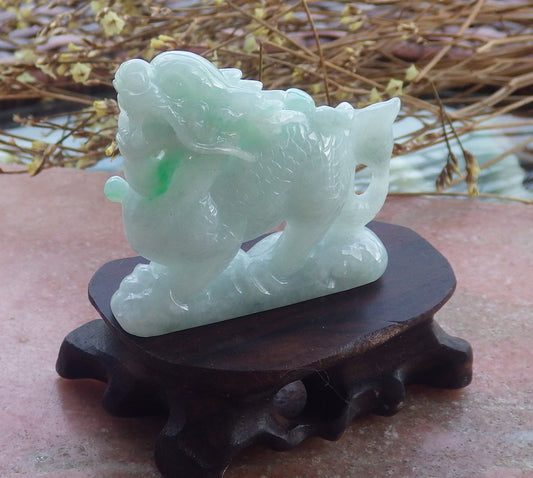 Certified Green Hand Carved Natural Myanmar Burma A Jade Jadeite Dragon Ruyi Display with wood stand