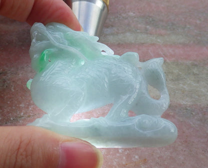 Certified Green Hand Carved Natural Myanmar Burma A Jade Jadeite Dragon Ruyi Display with wood stand