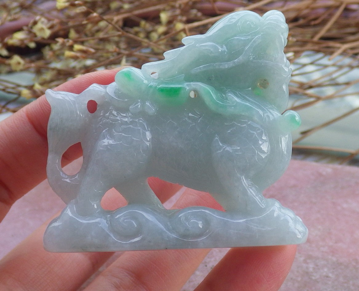 Certified Green Hand Carved Natural Myanmar Burma A Jade Jadeite Dragon Ruyi Display with wood stand