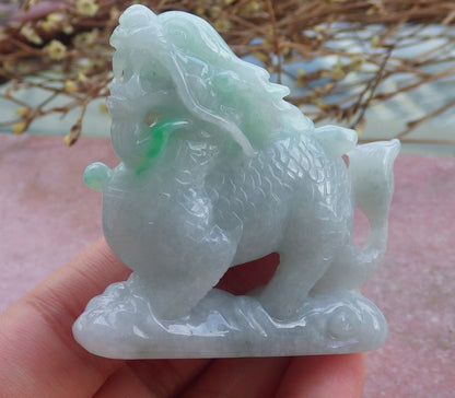 Certified Green Hand Carved Natural Myanmar Burma A Jade Jadeite Dragon Ruyi Display with wood stand