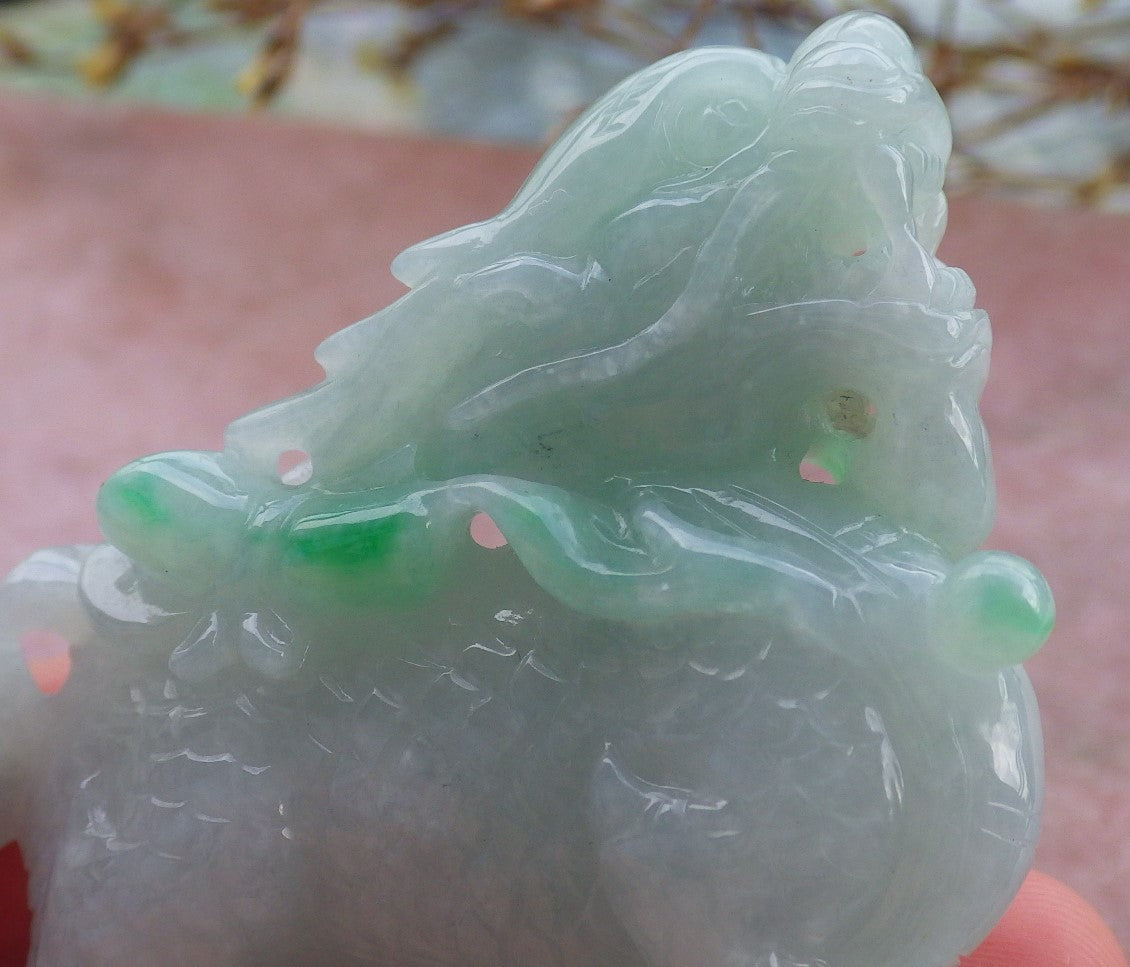 Certified Green Hand Carved Natural Myanmar Burma A Jade Jadeite Dragon Ruyi Display with wood stand