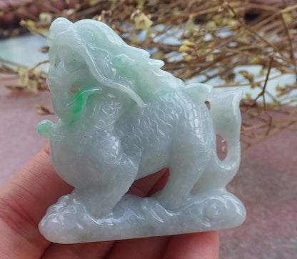 Certified Green Hand Carved Natural Myanmar Burma A Jade Jadeite Dragon Ruyi Display with wood stand