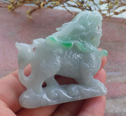 Certified Green Hand Carved Natural Myanmar Burma A Jade Jadeite Dragon Ruyi Display with wood stand