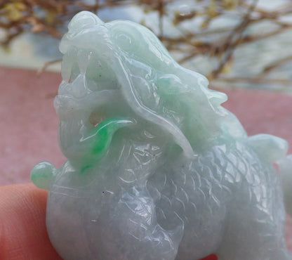 Certified Green Hand Carved Natural Myanmar Burma A Jade Jadeite Dragon Ruyi Display with wood stand