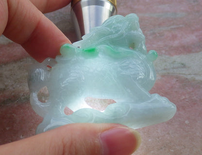 Certified Green Hand Carved Natural Myanmar Burma A Jade Jadeite Dragon Ruyi Display with wood stand