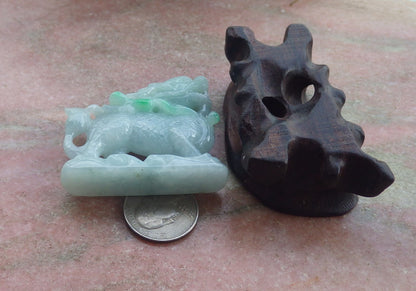 Certified Green Hand Carved Natural Myanmar Burma A Jade Jadeite Dragon Ruyi Display with wood stand