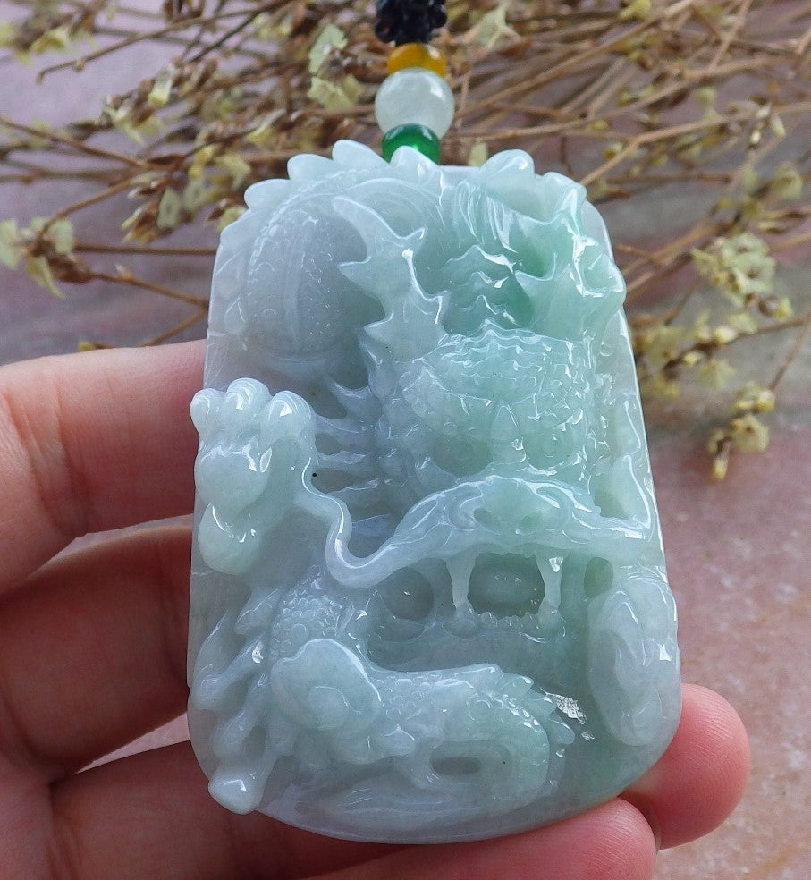 Certified Hand Carved Green Lavender Natural Myanmar Burma A Jade Jadeite Zodiac Dragon Bead Pendant Necklace