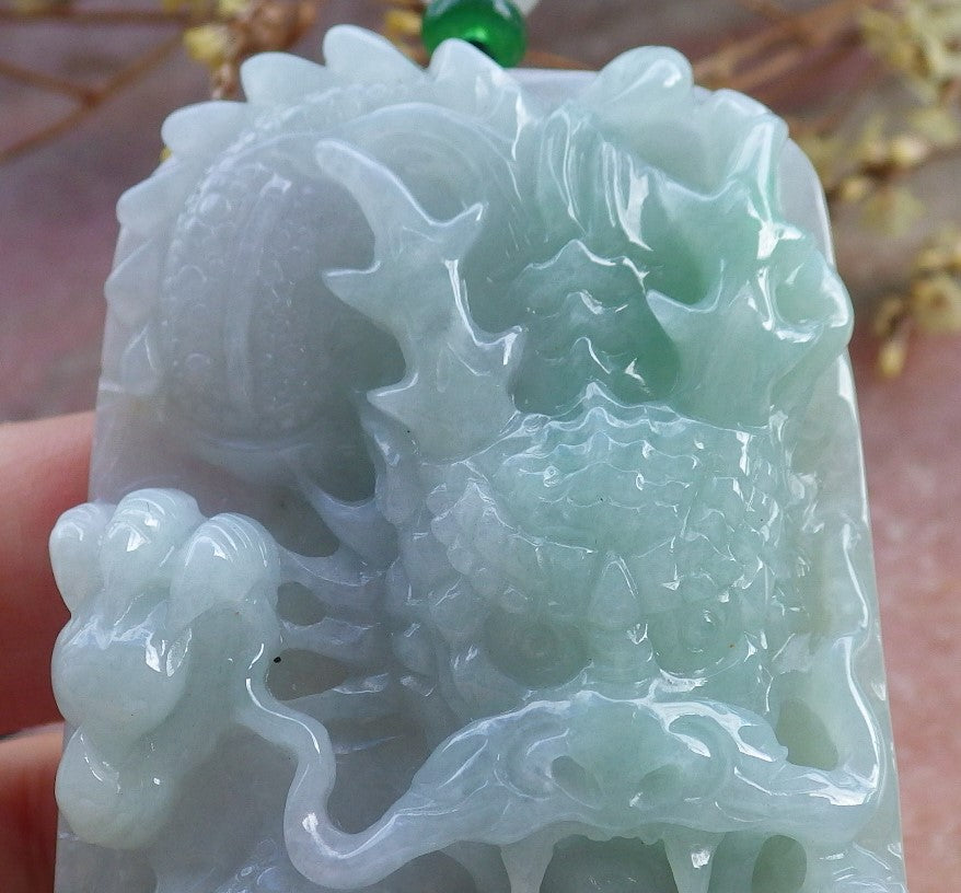 Certified Hand Carved Green Lavender Natural Myanmar Burma A Jade Jadeite Zodiac Dragon Bead Pendant Necklace