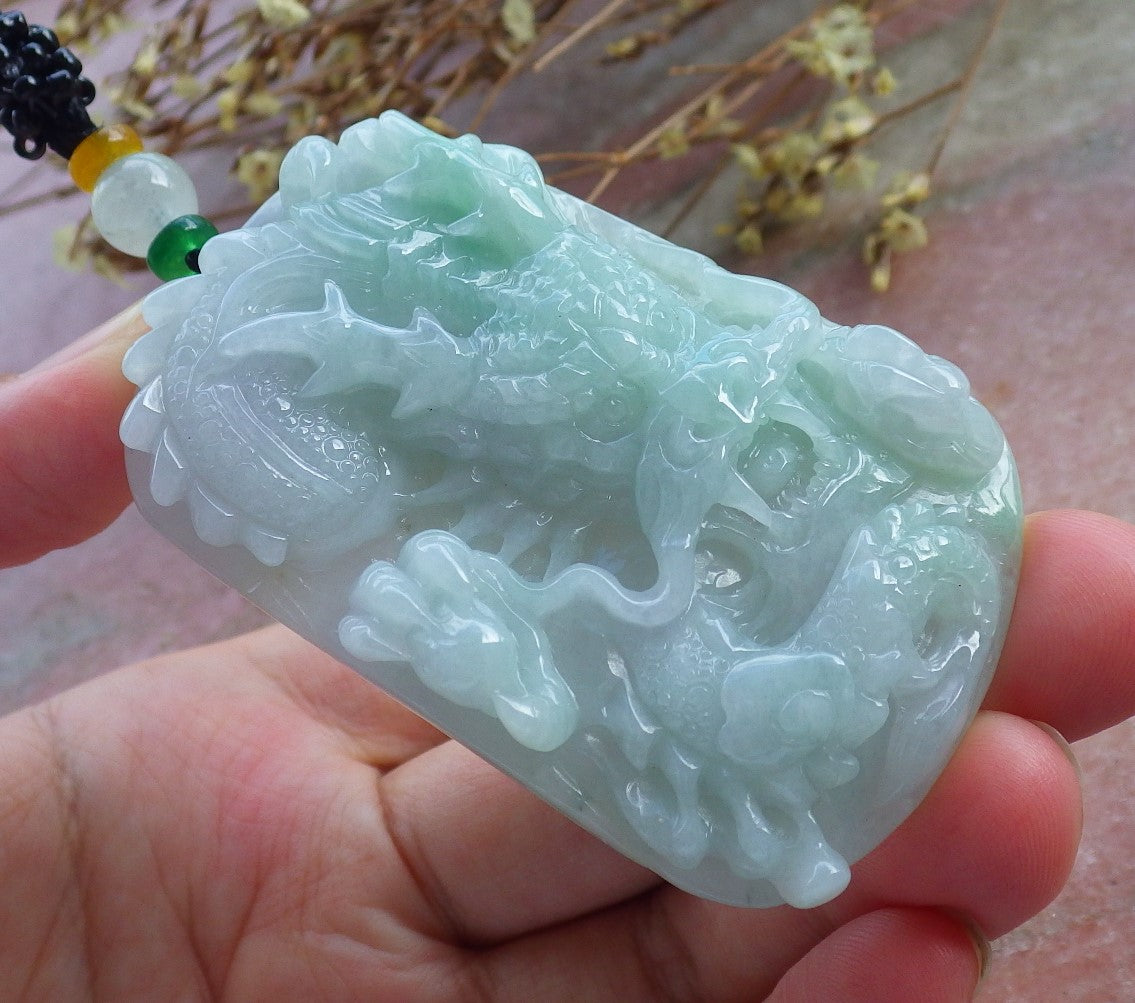 Certified Hand Carved Green Lavender Natural Myanmar Burma A Jade Jadeite Zodiac Dragon Bead Pendant Necklace