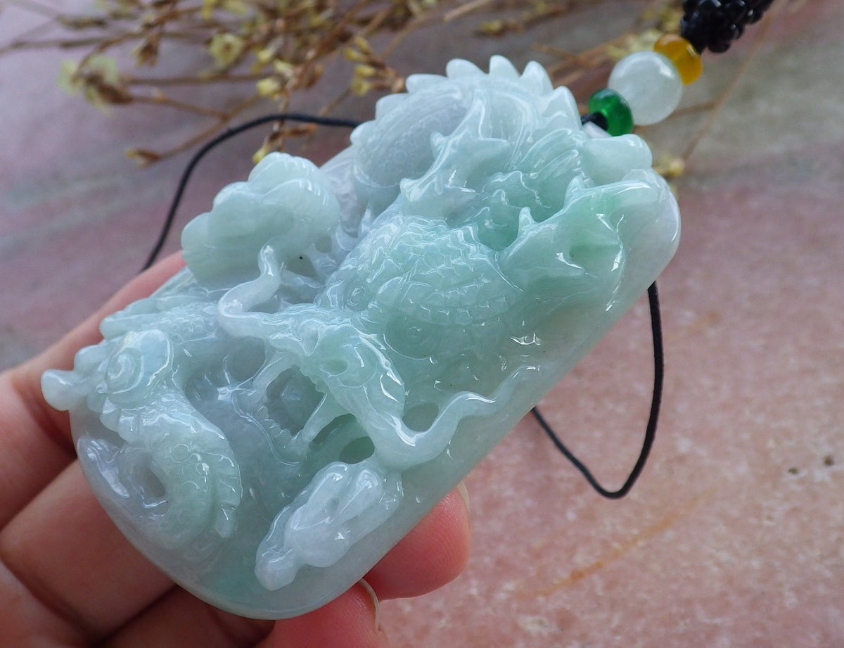 Certified Hand Carved Green Lavender Natural Myanmar Burma A Jade Jadeite Zodiac Dragon Bead Pendant Necklace