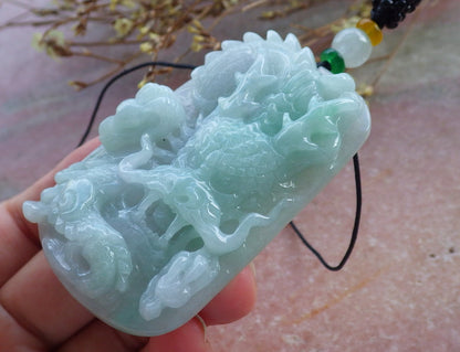 Certified Hand Carved Green Lavender Natural Myanmar Burma A Jade Jadeite Zodiac Dragon Bead Pendant Necklace