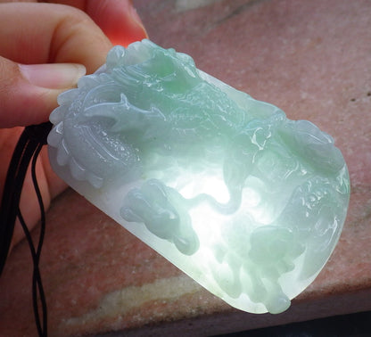 Certified Hand Carved Green Lavender Natural Myanmar Burma A Jade Jadeite Zodiac Dragon Bead Pendant Necklace
