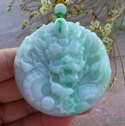Certified Hand Carved Lavender Green Natural Myanmar Burma A Jade Jadeite Zodiac Dragon Pendant Necklace
