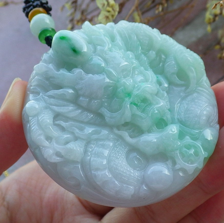 Certified Hand Carved Lavender Green Natural Myanmar Burma A Jade Jadeite Zodiac Dragon Pendant Necklace