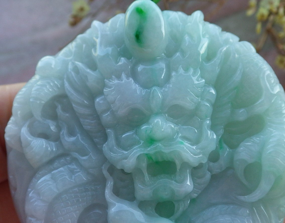 Certified Hand Carved Lavender Green Natural Myanmar Burma A Jade Jadeite Zodiac Dragon Pendant Necklace