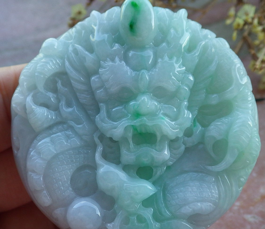 Certified Hand Carved Lavender Green Natural Myanmar Burma A Jade Jadeite Zodiac Dragon Pendant Necklace