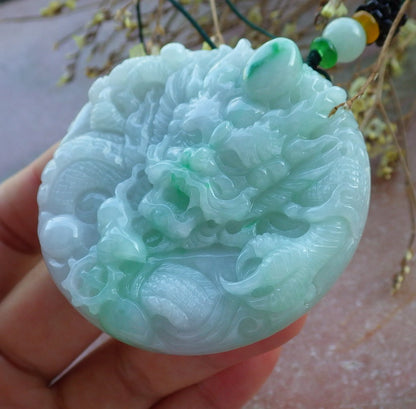 Certified Hand Carved Lavender Green Natural Myanmar Burma A Jade Jadeite Zodiac Dragon Pendant Necklace