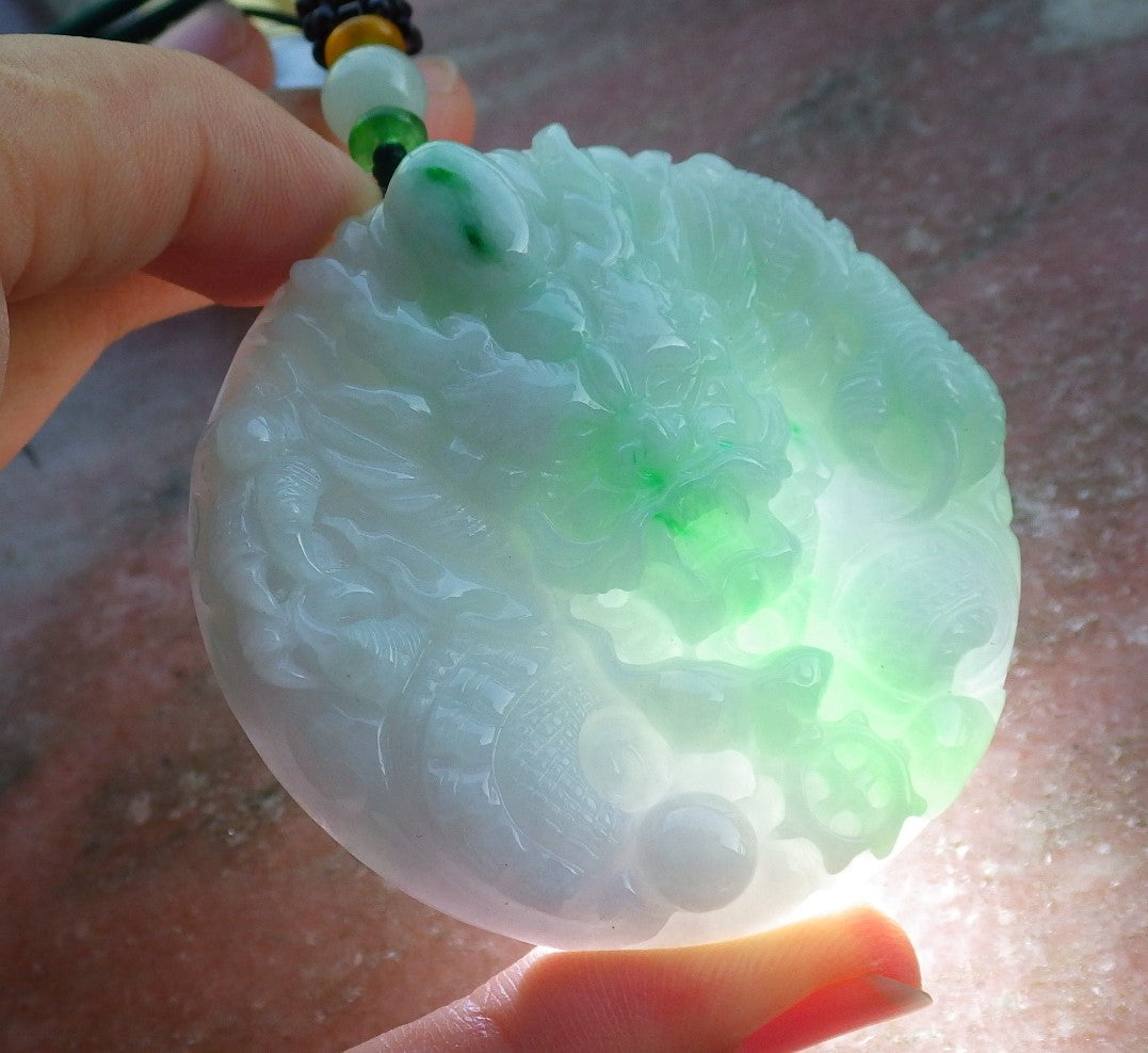 Certified Hand Carved Lavender Green Natural Myanmar Burma A Jade Jadeite Zodiac Dragon Pendant Necklace