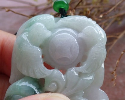 Certified Hand Carved Green Natural Myanmar Burma A Jade jadeite Phoenix Bird Ruyi Lucky Amulet Pendant Necklace
