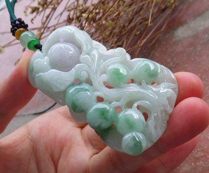 Certified Hand Carved Green Natural Myanmar Burma A Jade jadeite Phoenix Bird Ruyi Lucky Amulet Pendant Necklace