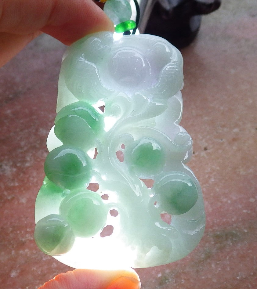 Certified Hand Carved Green Natural Myanmar Burma A Jade jadeite Phoenix Bird Ruyi Lucky Amulet Pendant Necklace