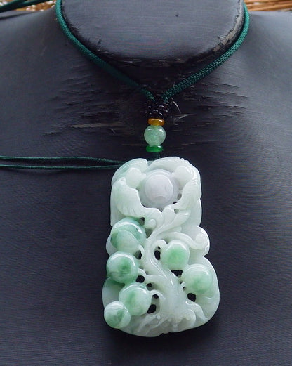 Certified Hand Carved Green Natural Myanmar Burma A Jade jadeite Phoenix Bird Ruyi Lucky Amulet Pendant Necklace