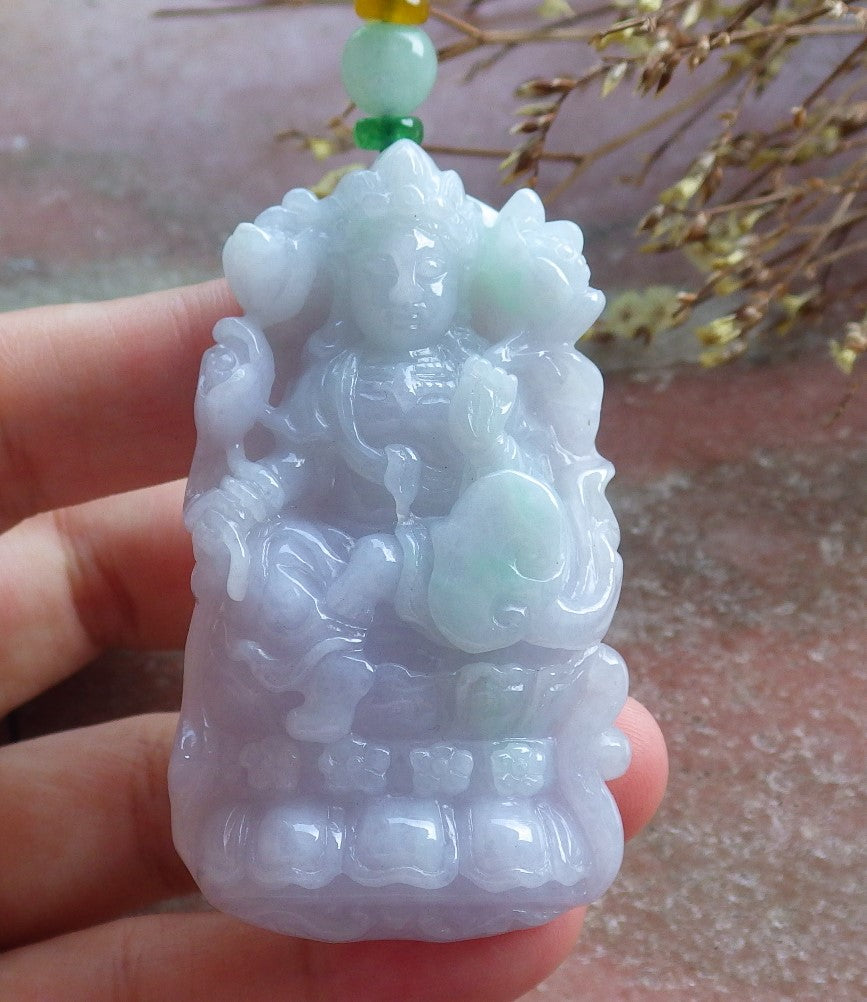 Certified Hand Carved Lavender Green Natural Myanmar Burma A Jade Jadeite Guanyin Kwan yin Pendant Necklace