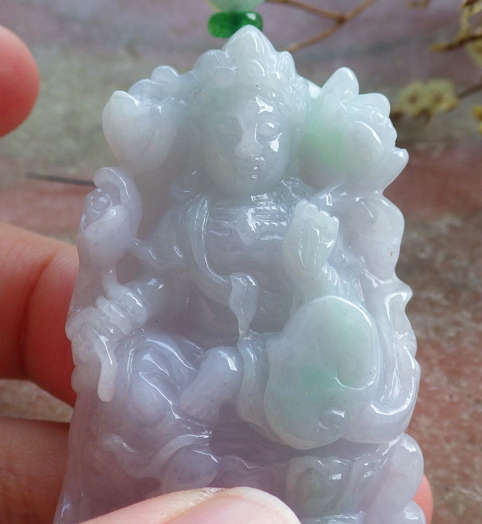 Certified Hand Carved Lavender Green Natural Myanmar Burma A Jade Jadeite Guanyin Kwan yin Pendant Necklace