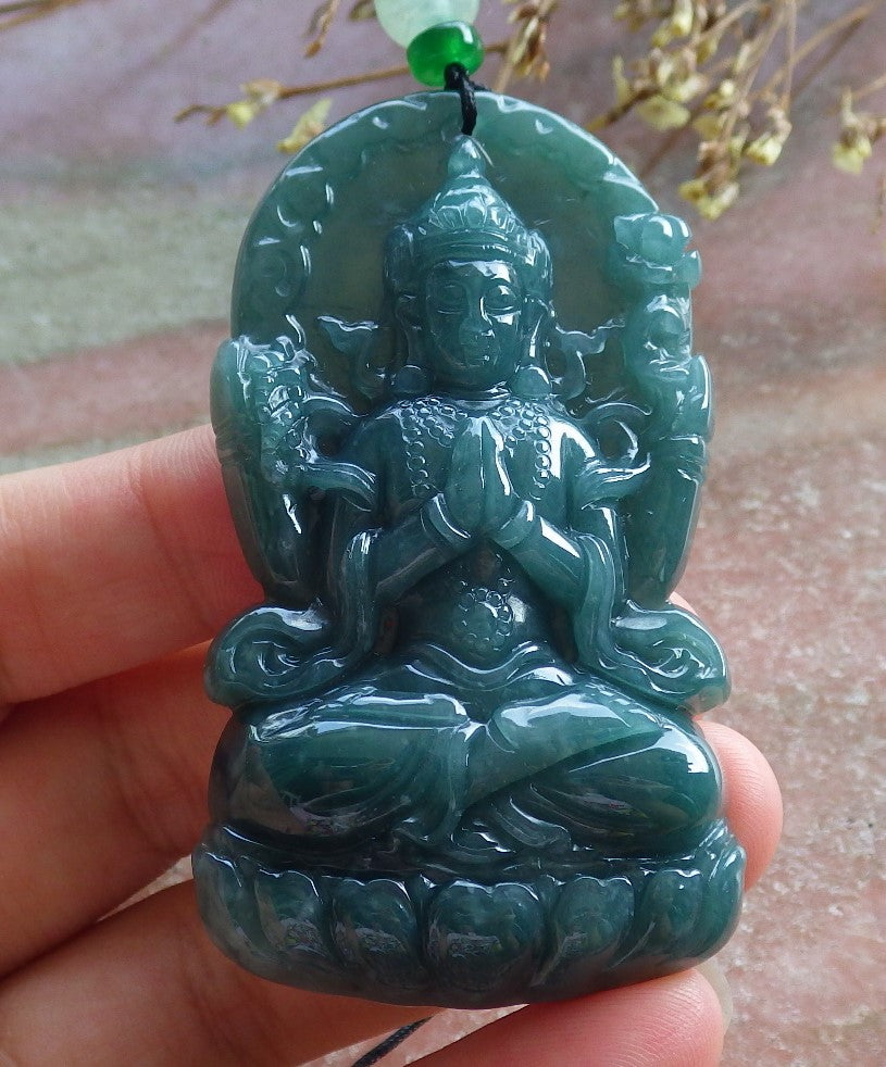 Certified Hand Carved Green Natural A Jade Jadeite Guanyin Kwan yin Pendant Necklace