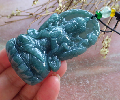 Certified Hand Carved Green Natural A Jade Jadeite Guanyin Kwan yin Pendant Necklace