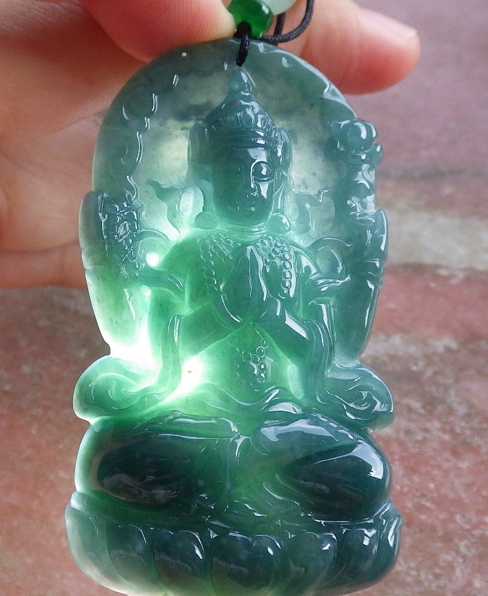 Certified Hand Carved Green Natural A Jade Jadeite Guanyin Kwan yin Pendant Necklace
