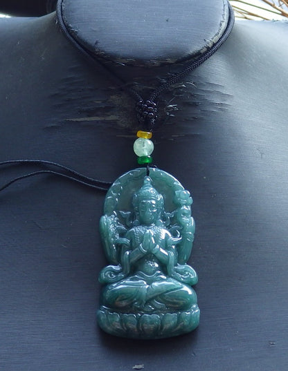 Certified Hand Carved Green Natural A Jade Jadeite Guanyin Kwan yin Pendant Necklace