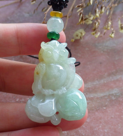 Certified Hand Carved Natural Myanmar Burma A Jade jadeite Owl Lotus Flower Ruyi Lucky Amulet Pendant Necklace
