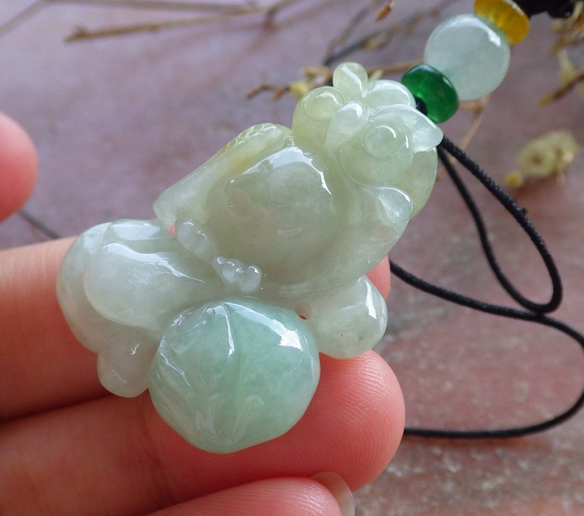 Certified Hand Carved Natural Myanmar Burma A Jade jadeite Owl Lotus Flower Ruyi Lucky Amulet Pendant Necklace