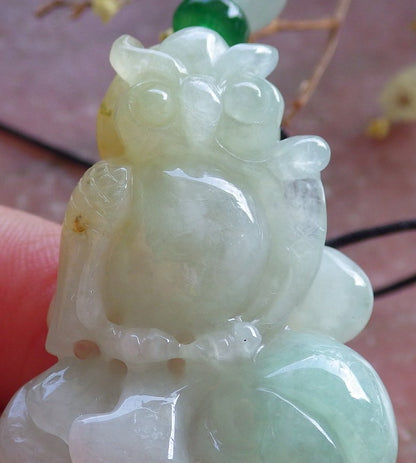 Certified Hand Carved Natural Myanmar Burma A Jade jadeite Owl Lotus Flower Ruyi Lucky Amulet Pendant Necklace