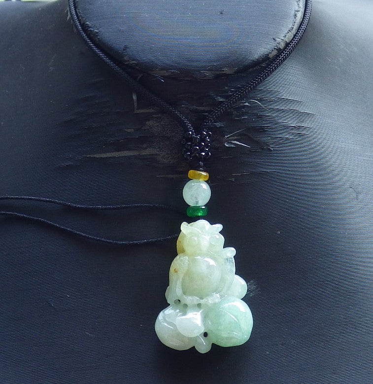 Certified Hand Carved Natural Myanmar Burma A Jade jadeite Owl Lotus Flower Ruyi Lucky Amulet Pendant Necklace