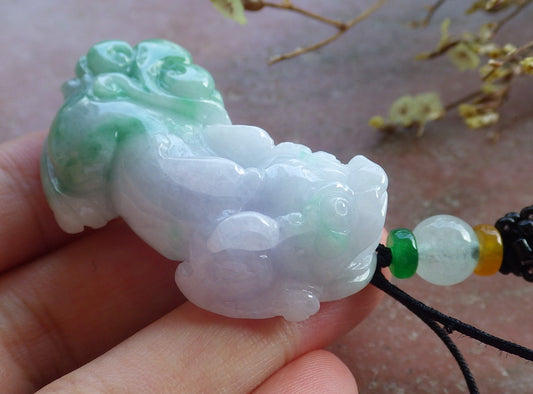 Certified Hand Carved Lavender Green Natural Myanmar Burma A Jade Jadeite Dragon Pi Xiu Pendant Necklace