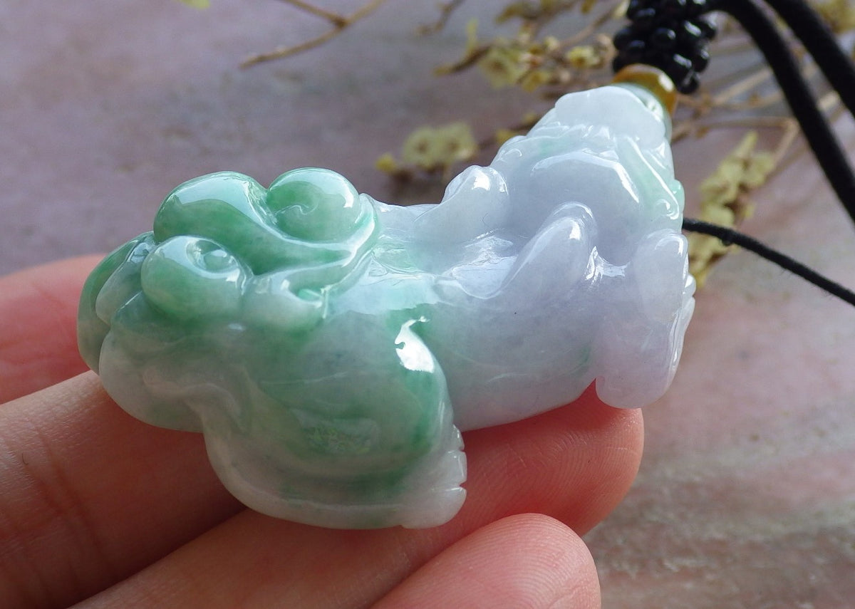 Certified Hand Carved Lavender Green Natural Myanmar Burma A Jade Jadeite Dragon Pi Xiu Pendant Necklace