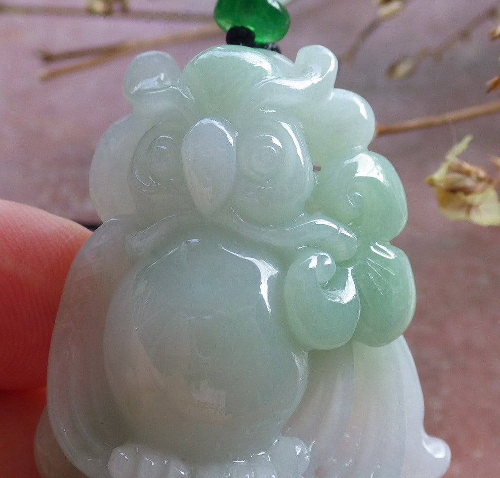 Certified Hand Carved Green Natural Myanmar Burma A Jade jadeite Owl Peach Lotus Flower Pendant Necklace