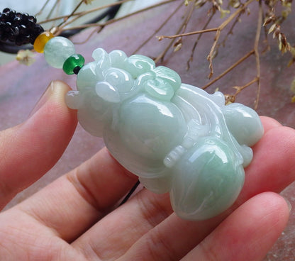 Certified Hand Carved Green Natural Myanmar Burma A Jade jadeite Owl Peach Lotus Flower Pendant Necklace