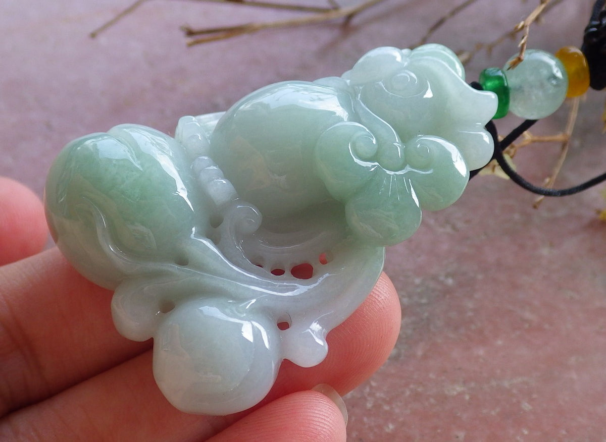 Certified Hand Carved Green Natural Myanmar Burma A Jade jadeite Owl Peach Lotus Flower Pendant Necklace