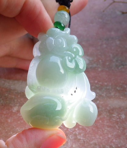 Certified Hand Carved Green Natural Myanmar Burma A Jade jadeite Owl Peach Lotus Flower Pendant Necklace
