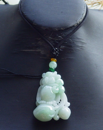Certified Hand Carved Green Natural Myanmar Burma A Jade jadeite Owl Peach Lotus Flower Pendant Necklace