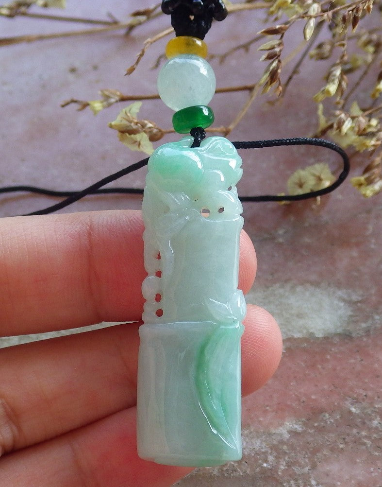 Certified Hand Carved Natural Myanmar Burma A Jade jadeite Frog Toad Lotus Bamboo Lucky Amulet Pendant Necklace