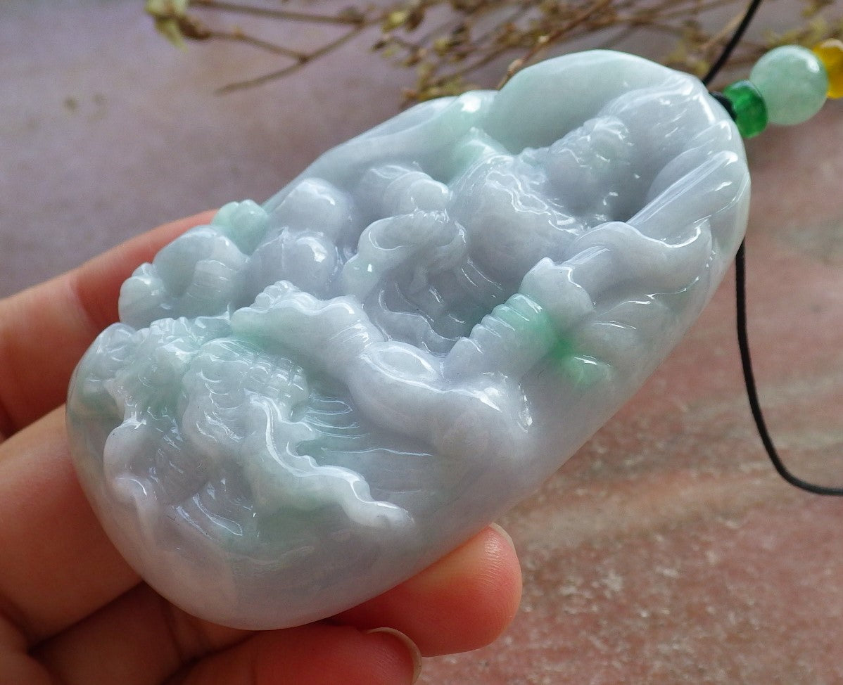 Certified Hand Carved Green Natural Myanmar Burma A Jade jadeite Dragon Sakyamuni Buddha God Spit Bead Pendant Necklace